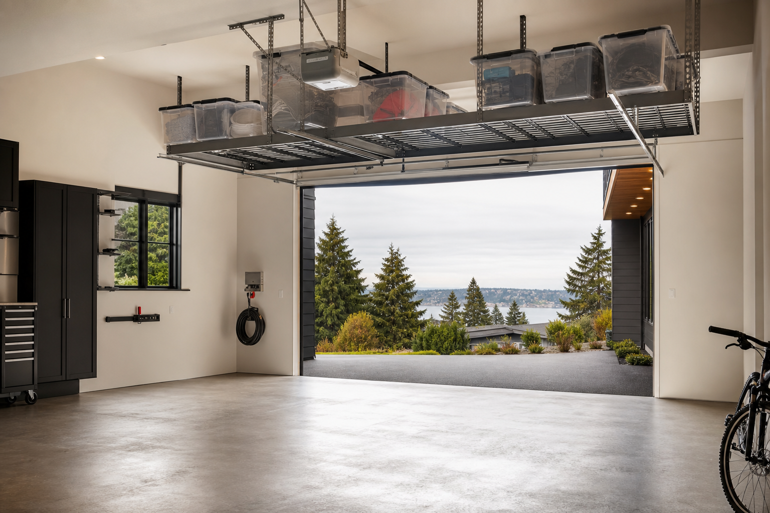 Bright Seattle garage with overhead storage and open floor space